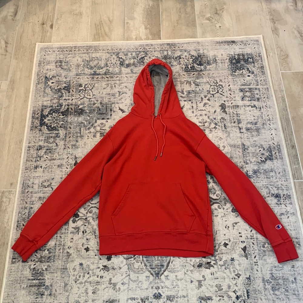 Men’s Champion Red Fleece Hoodie Striped Sleeve Logo